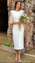 Vestido Midi de Tul y Plumas Escote Redondo White - Imagen 2