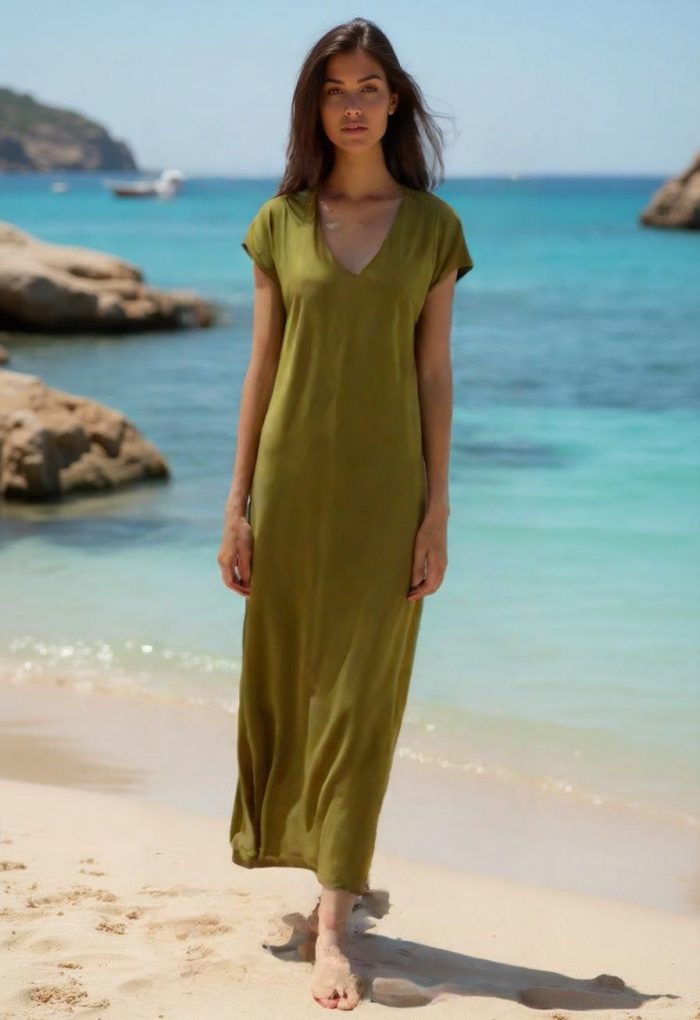 Vestido largo evasé manga corta - Imagen 1