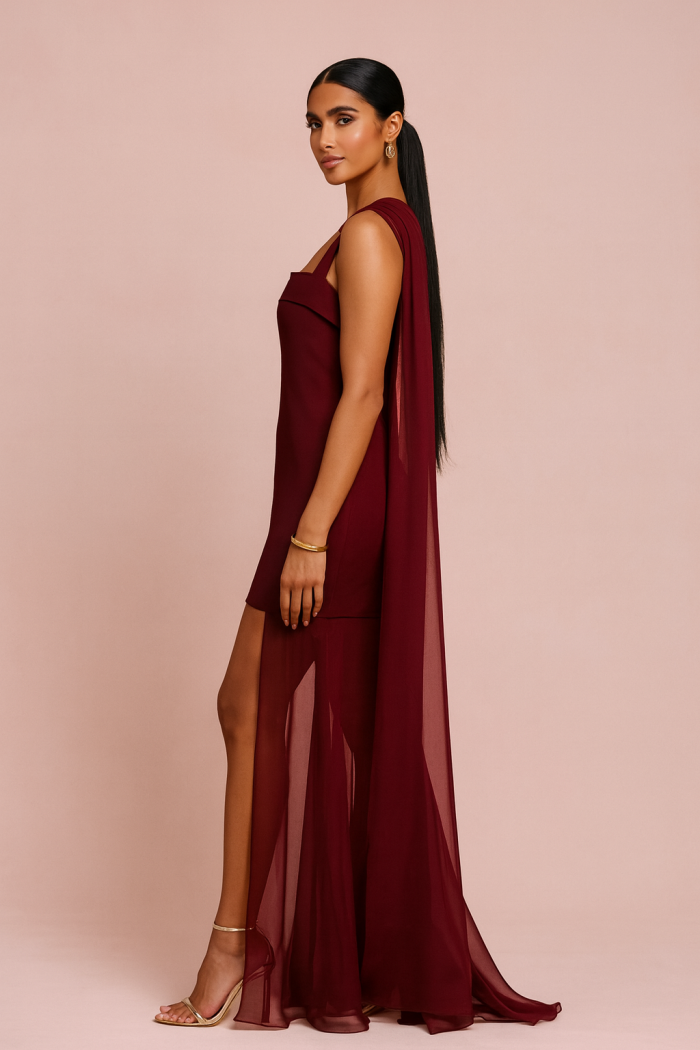 Vestido Largo Granate Falda de Gasa - Imagen 3
