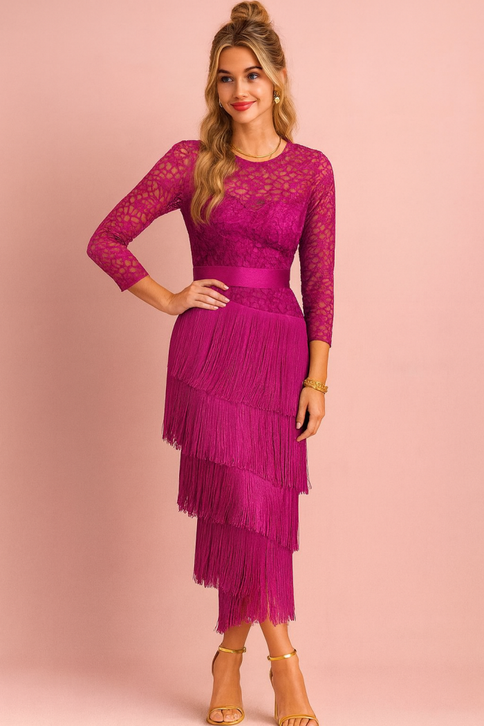 Vestido Largo de Fiesta con Blonda y Flecos Buganvilla - Imagen 1