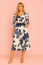Vestido Midi Estampado Marino y Plumas