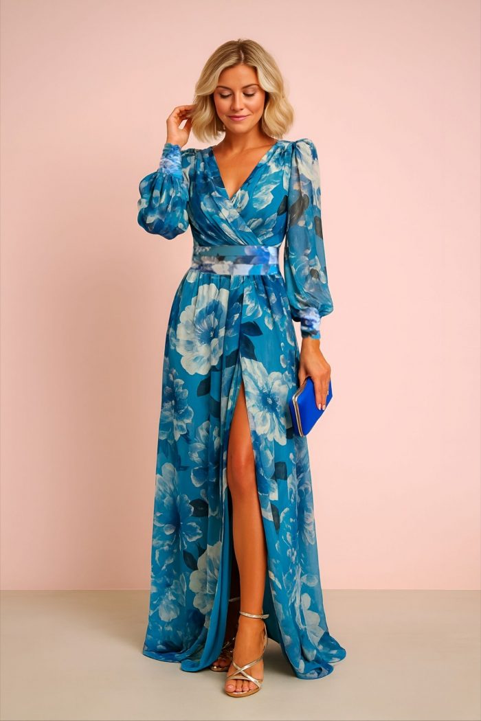 Vestido Largo Estampado Puño Drapeado - Imagen 1