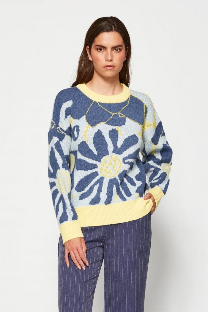 Jersey flor azul y cuello ribete amarillo - Imagen 3