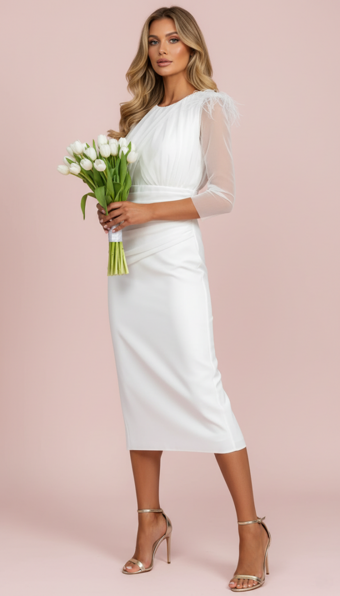 Vestido Midi de Tul y Plumas Escote Redondo White - Imagen 1