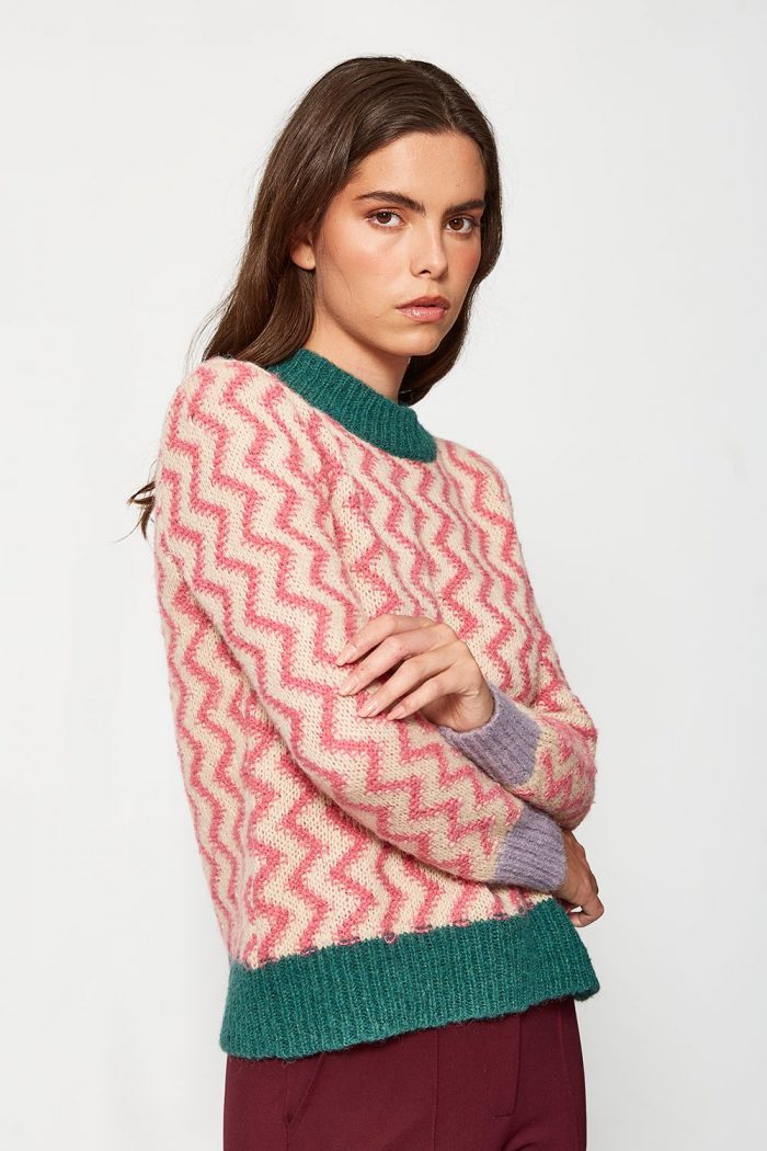 Jersey zig-zag rosa cuello a contraste - Imagen 3
