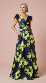 Vestido Largo Oliva Marino con Plumas